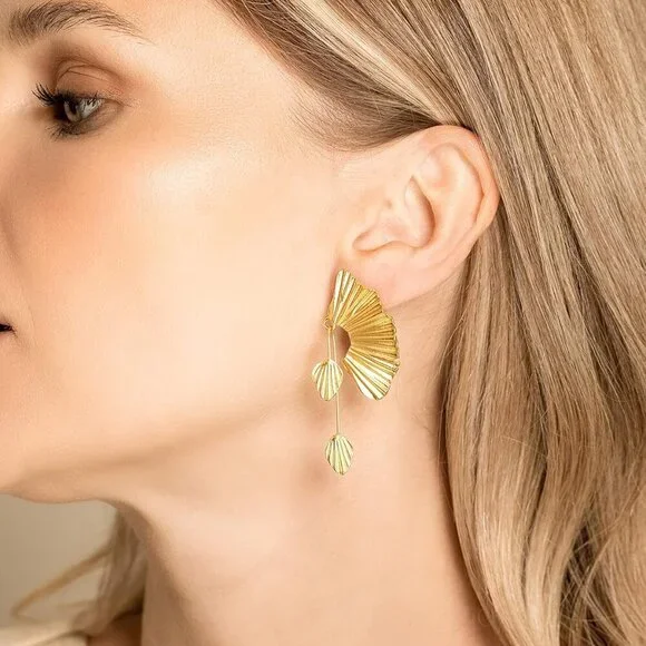 Statement Earrings for Women by , Gold Dangle Earrings, Leaf Fan Shape Flower Ea - Picture 3 of 5